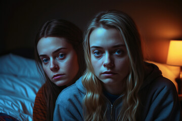sisters or friends in a dark room at night or evening sitting on bed, fictional person location and happening. Generative AI