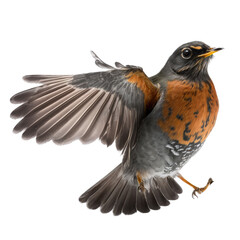 Obraz premium isolated American robin bird in flight, macro, png, transparent background, spring, summer, vertical, horizontal, close up, Generative AI