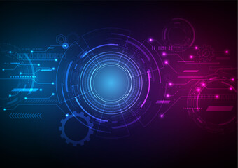 Abstract Hi-Tech Background Tech Circles Electronic Circuit Pattern. Geometric element with cog red and blue light gradient background