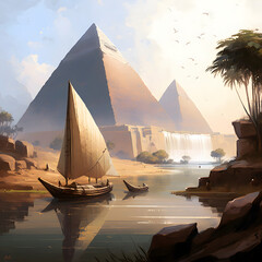 Scenic illustration of the great pyramids and Nile river Painting art