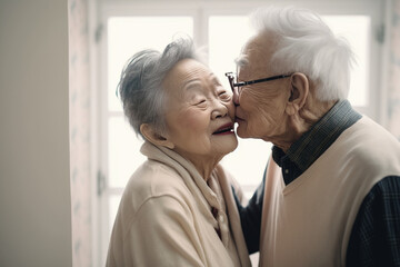 Obraz na płótnie Canvas Generative ai portrait of romantic cute senior mixed race couple at home kissing