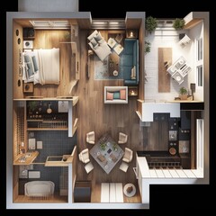 Top view of modern kitchen and living room interior