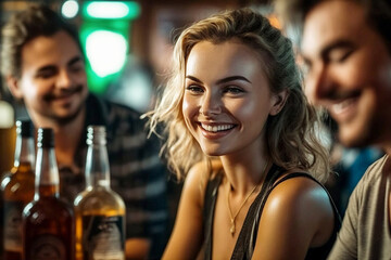 young woman in a relaxed party mood at a bar with alcohol in a bottle and in two glasses, fictitious place and people. Generative AI