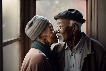 Generative ai portrait of romantic cute senior mixed race couple at home kissing