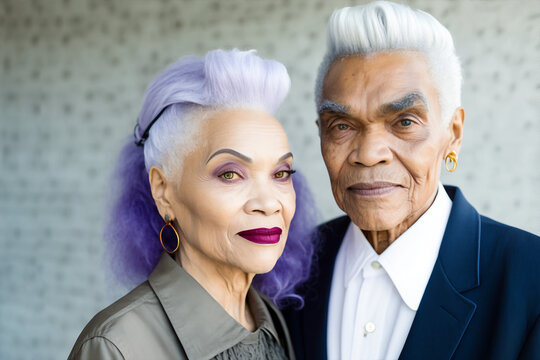 Generative ai portrait of senior modern colorful hair rock mixed race couple