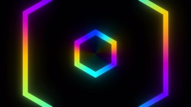Bright glowing colorful hexagons abstract motion background. Seamless loop animation