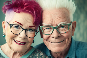 Generative ai portrait of romantic cute senior modern colorful hair rock couple