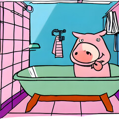 a cartoon funny pink pig bathing in a bathtub in the bathroom and sticking out his tongue. Generative AI