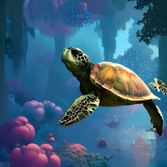cartoon turtle swims in the underwater world. Generative AI