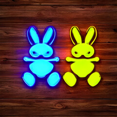 blue and yellow neon bunny on wooden background. Generative AI