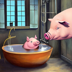 two little cartoon pigs in the bathroom, a little pig in the bathtub. Generative AI
