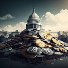 a pile of cryptocurrency with the US Capitol building in the backdrop