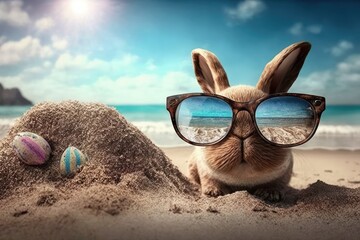Fototapeta na wymiar Cute easter bunny with glasses, easter eggs scattered on the beach, generative AI