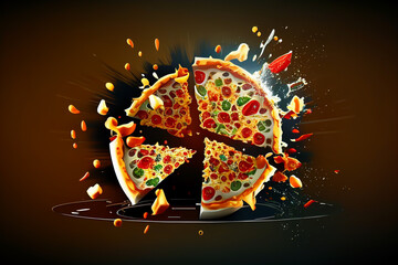 Italian pizza, Juicy cheese stretches from slice. Pizza and Splashes of cheese and red pepper. Pieces of pizza scatter to sides. Pizza explosion, Pattern for restaurant menu. Soft focus. Ai Generated