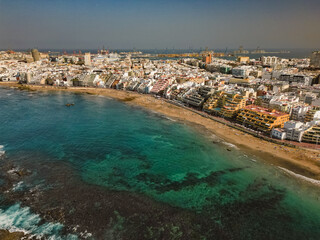 Aerial view of urban beach on a sunny day in Las Palmas de Gran Canaria, Spain