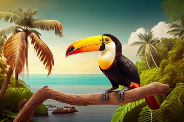 Close up on an orange and yellow bill toucan bird, perched on a tropic tree branch. Generative Ai