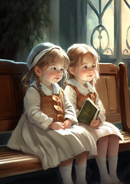 Little cute girls sitting on a bench in a church. Generative AI