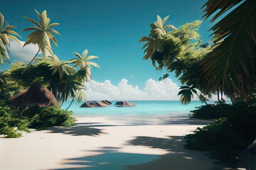 illustration tropical paradise beach with white sand and coco palms travel tourism wide panorama background concept. Generative Ai