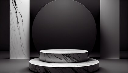 Marble product display on black background with modern backdrops studio. Empty pedestal or podium platform. Generative Ai
