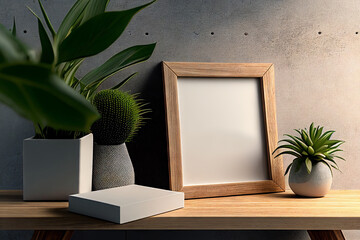 Blank square frame mockup for artwork or print on gray wall with  green plants in vase, copy space.	