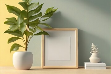 White wooden frame on pastel background decorated with green plants, copy space. Mock up.	
