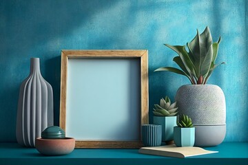 Blank square frame mockup for artwork or print on pastel blue wall with green plants in vase, copy space. generative AI.