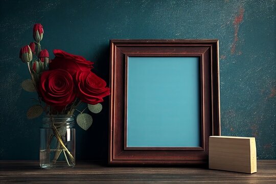 Blank square frame mockup for artwork or print on blue wall with red roses in vase, copy space. generative AI.	