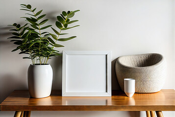 Blank square frame mockup for artwork or print on white or gray wall with eucalyptus green plants in vase, copy space.