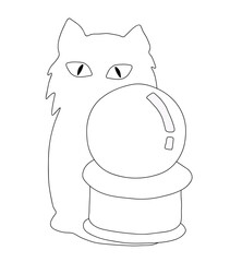 Outline of cat shadow with eyes and a divination ball. Vector illustration on a white background
