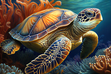 Fototapeta premium Sea Turtle Under Water Natural Sea Life With Corals (3)