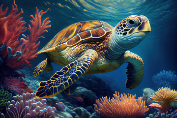 Obraz premium Sea Turtle Under Water Natural Sea Life With Corals (4)