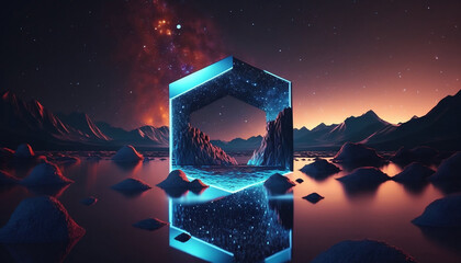 Futuristic wallpaper with neon diamond, rocks and reflections. Generative AI.