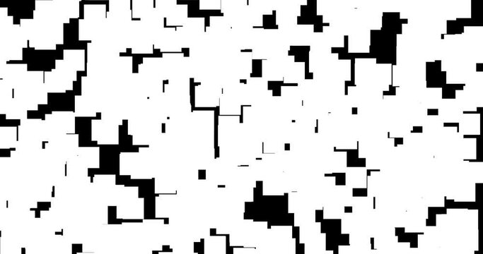 Pixel art, square falling down, chaos. Pixel white squares on black background. Motion, animation. Colored pixels move down in rain stream. Bright background of colored pixels with effect of rain.