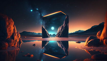 Stunning neon wallpaper with water reflections and rocks. Generative AI.