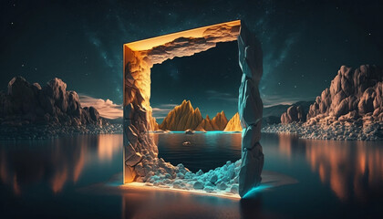 Whimsical neon wallpaper with a geometric diamond shape and night sky. Generative AI.