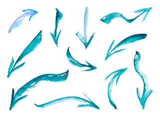 Design set - watercolor arrows. Isolated objects on a white background. Diffrent shapes - thick, big, small... Use as decoration or illustration to report, slideshow