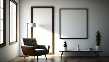 Mockup frame in modern living room with armchair and table. Created with generative Ai technology