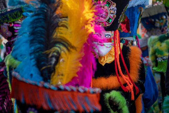 Colorful image of a chinelo mask, dancing in a carnival in Mexico