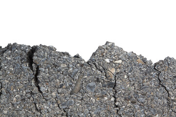 Part of asphalt cracks on the road isolated on white background.