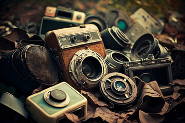 Fototapeta Lots of the old DSLR cameras and old lens waste, Generative Ai obraz