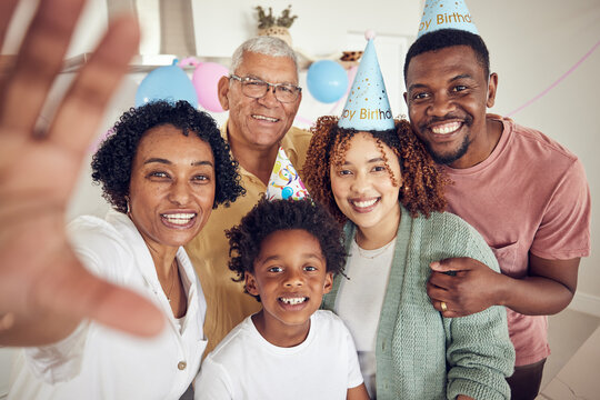 Big family, selfie smile and birthday portrait in home, having fun at party or celebration. Interracial, love or father, mother and kid with grandparents taking photo for happy memory or social media