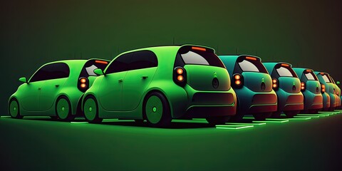 A line of green compact cars illuminated by neon underglow at night. - obrazy, fototapety, plakaty