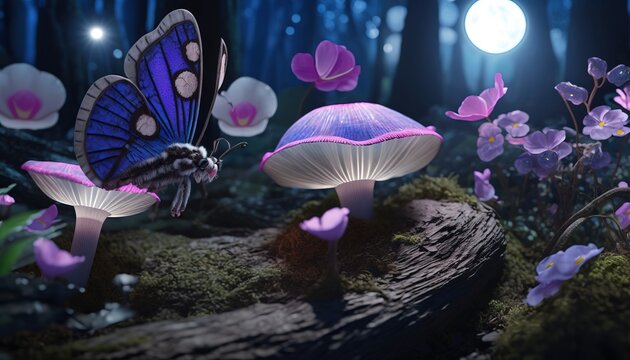  A Butterfly Sitting On A Mushroom In A Forest Filled With Purple Flowers And Mushrooms With A Full Moon In The Sky Behind It And A Full Moon In The Background.  Generative Ai