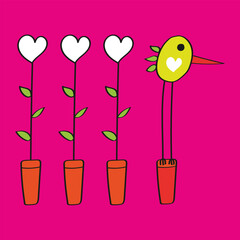 A bird standing in a row of flower pots with hearts on Spring time