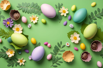 Fototapeta na wymiar Colorful painted eggs with spring flowers on green background. Easter holiday flat lay concept. Traditional springtime decoration. Top view. Copy space. AI generated.