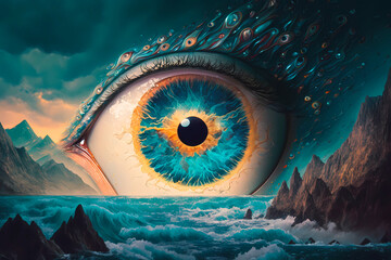 digital illustration of the psychedelic eye of the ocean over the sea, created with generative ai