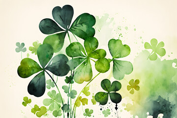 St Patrick Day background, green clover leaf, shamrock, watercolor, plants made with Generative AI