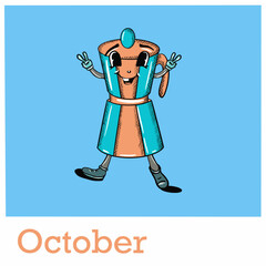 character of a person coffee pot,geyser coffee maker with legs and handles with eyes and a smile, a character with a retro style face