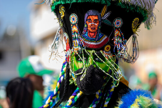 Approach to the mask of a chinelo that is dancing in a carnival of the State of Mexico