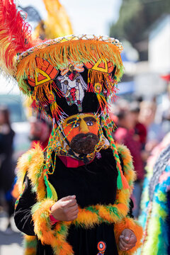 A cheerful dancing chinelo in a carnival in the State of Mexico